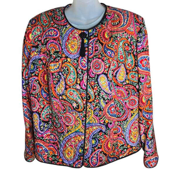 Maggy London Womens Silk Jacket XL Paisley Quilted Funky Hidden Button Tassel - Picture 1 of 8